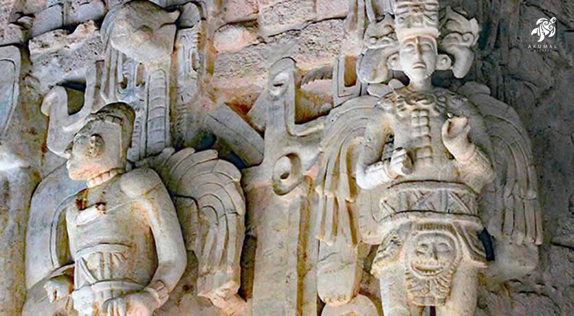 A closeup of the the unique Mayan warriors at Ek Balam