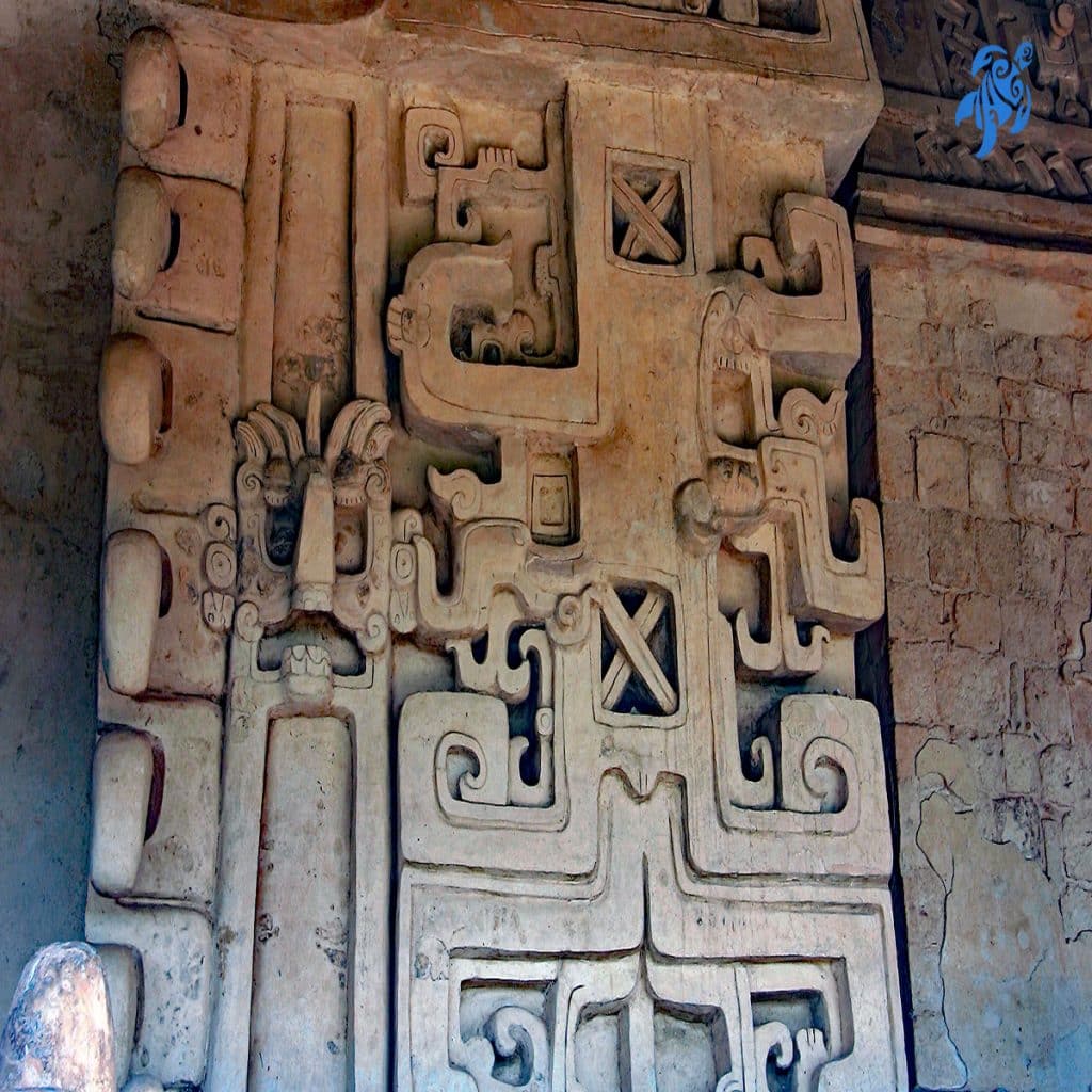 The intricate detailed carvings of the main building at Ek-Balam
