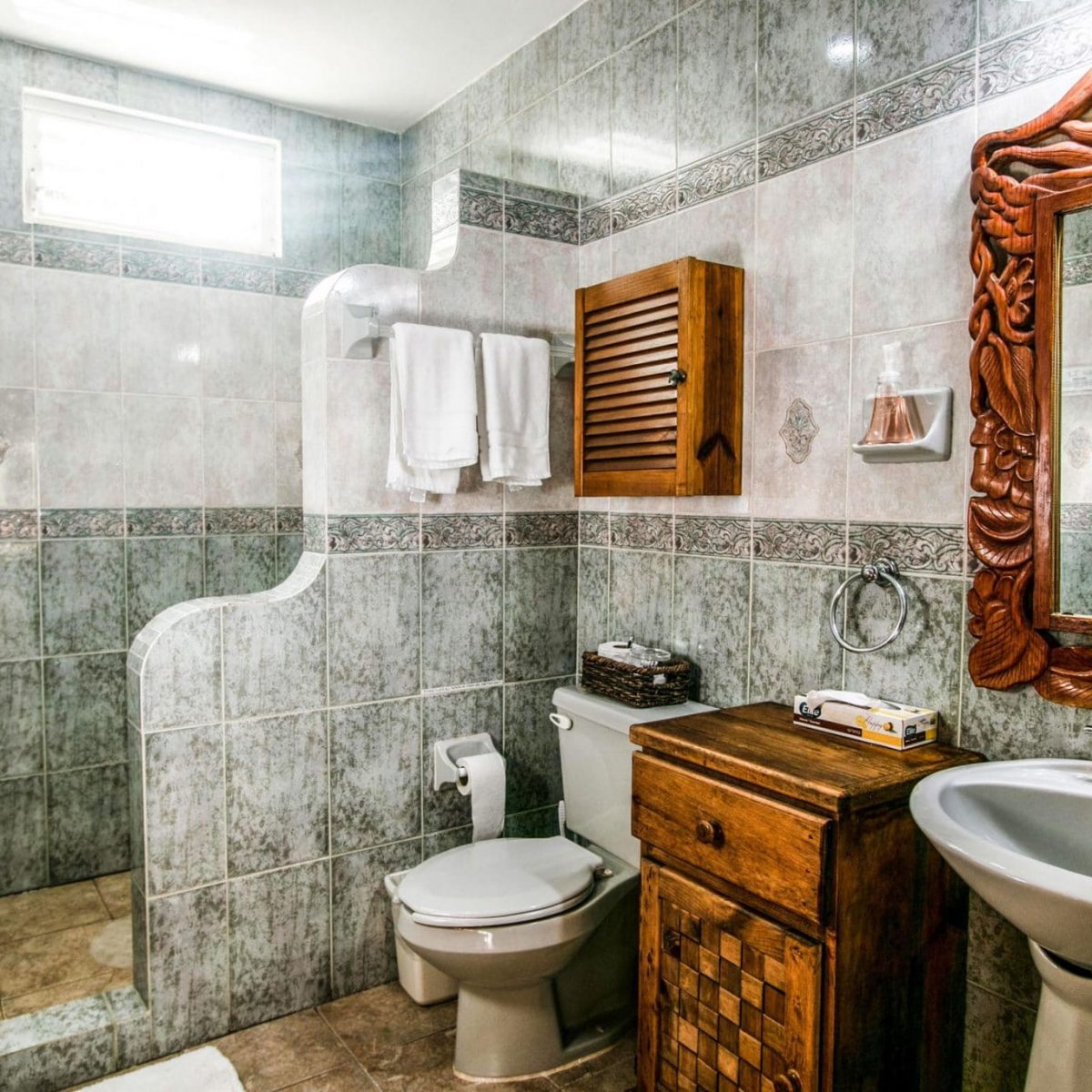 Villa Jardin, La Sirena #16, The Downstairs Bath Has a Large Shower and Sink Area and is Fully Tiled in Soothing Aqua
